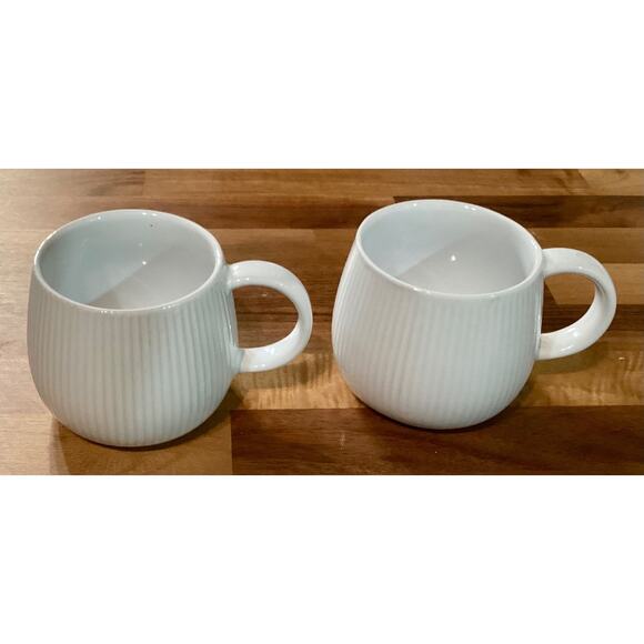 Set of 2 World Market White Coffee Mug Cups 3" Tall Embossed Ribbed - Picture 3 of 11